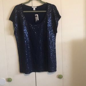 Navy Blue Sequin top with cap sleeves.